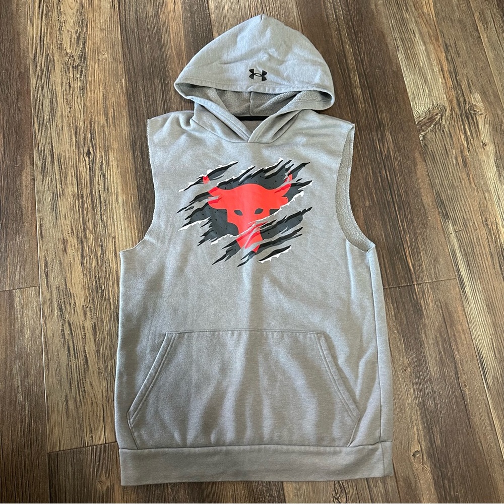 Under Armour project Rock sleeveless gray hoodie boys XL Red Bull sweatshirt